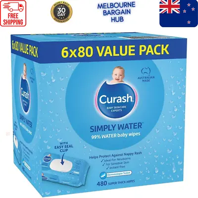 New Curash Simply Water Baby Wipes Pack Of 480 (6 X 80 Pack) | Free Delivery AU • $30.66