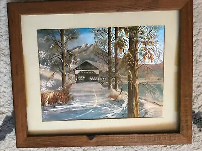 VTG Framed Foil Art Winter Snow Covered Bridge Scene Picture 9 1/2 X 11 • $14.95