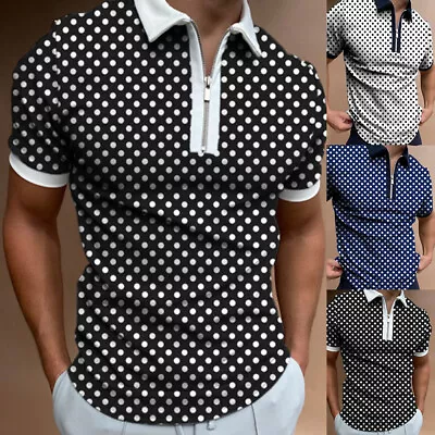 Mens Polka Dot Zipper Short Sleeve T Shirt Polo Neck Casual Tunic Work Tops Tee • £11.09