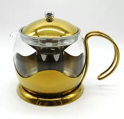 Metal & Glass Teapot Infuser Chrome & Brass Style Modern Two Tone • £9.99