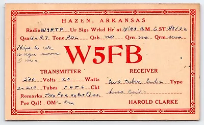 QSL CB Ham Radio Card W5FB Harold Clarke Hazen Arkansas AR 1932 • $5