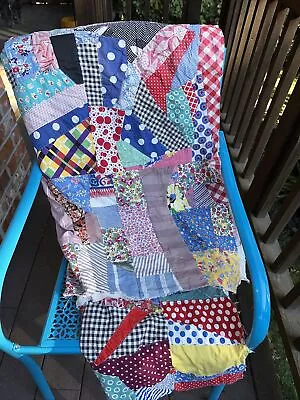 Vintage Feed Sack & Red Blue Novelty Prints CRAZY Quilt TOP 75x92 40’s 50’s WOW! • $74.25