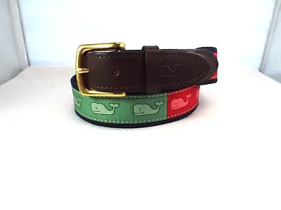 LN Vineyard Vines Leather & Blue Cotton 1 3/8  Iconic Whales Belt Sz 34 Made USA • $25