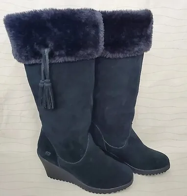 $45 • Buy Skechers Womens Tall Black Suede Boots Faux Fur Trim, Wedge Heel, Size 9.5 EUC
