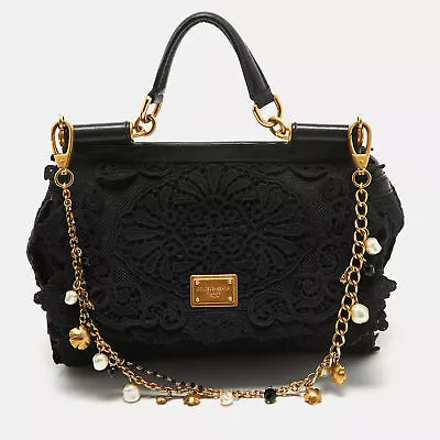 Dolce & Gabbana Black Crochet And  Leather Medium Miss Sicily Top Handle Bag • $593.25