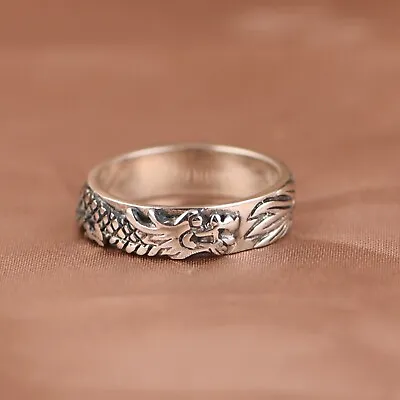 Real Solid 925 Sterling Silver Band Men Women Lucky Carved Pattern Dragon Ring • £21.59