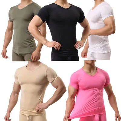 Men's T-Shirt Gym Tops Slim Fitness Basic T-shirt Bodybuilding Tight V-Neck Tee • $12.69