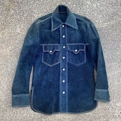 1950s Vintage WESTERN Cowboy BLUE COWHIDE Shirt-jac S Leather MEXICO Rockabilly • $90