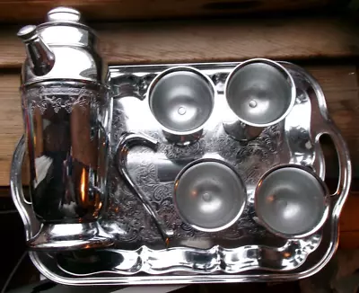 Vintage Art Deco Mid Century Chrome Plated Cocktail Shaker Tray 4 Glasses Set SO • $34.99