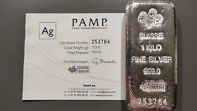 1kg Pamp Suisse Cast Silver Bullion Bar (rare) Numbered With Certificate #253764 • £820