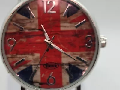 E21-mens Faded Union Jack-leather Strap-wristwatch-recent Battery • £3.99