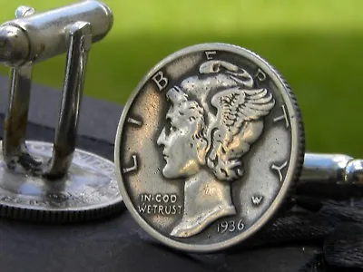 $104 • Buy  Cuff Links Authentic 1936 Vintage Silver Mercury Dime Coin Nice Gift For Him