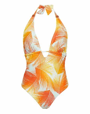 Figleaves Manila Palm Non-Wired Halter Neck Tummy Control Plunge Swimsuit 755067 • $16.41