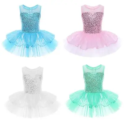 UK Girls Sequins Ballet Dance Dress Tutu Skirt Leotard Princess Fairy Costume • £12.23