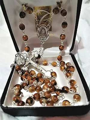 Italian Handcrafted Tigers Eye Rosary Silver Oxidized Crucifix Centerpiece 6MM • $34.99