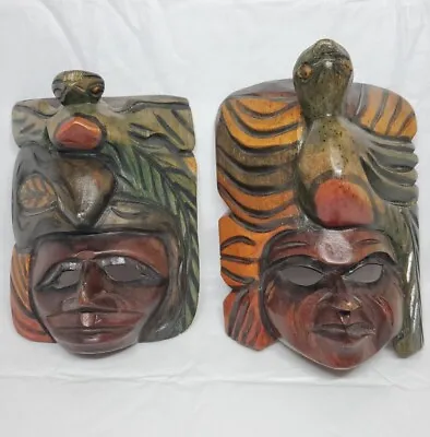 Masks Mayan Hand Carved Wood Aztec Mexico Warriors With Snake Headdress SET Of 2 • $55