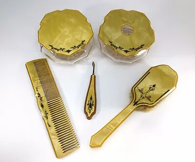 Art Deco Celluloid Dresser Vanity Set Brush Comb Box Hair Receiver Vintage • $44.99