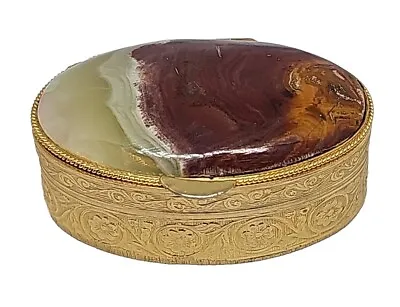 VTG Trinket Pill Box Plume Agate Natural Stone Gold Tone Floral Design Ovular  • $49.95