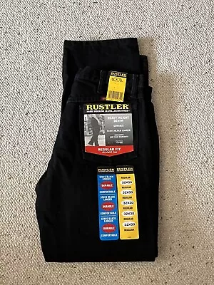 NWT MENS SIZE 32x30 BLACK RUSTLER HEAVY WEIGHT DENIM JEANS REG. FIT #87619CB • $19.99