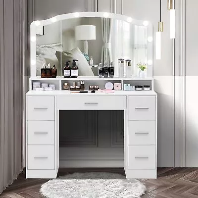 Vanity Desk With Large Lighted Mirror 43.3  Makeup Vanity Table With 7 Drawers  • $77.88