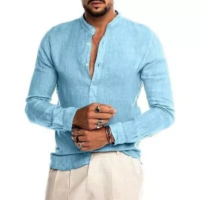 Men's Solid Color Linen Long Sleeve Shirt Cardigan Long Sleeve Men's Shirt • $16.84