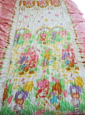 Vtg 80's American Greetings Strawberry Shortcake Twin Bedspread Bedding Ruffled  • $80