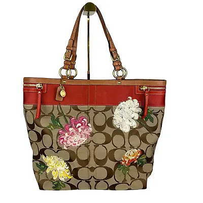 Coach Ltd Edition 12212 Khaki Floral Applique Extra Large Tote Bag • $250