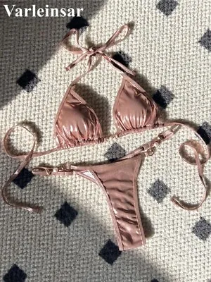 New PU Faux Leather Halter Mini Thong Bikini Swimwear Two-pieces Bikini Set • £32.10
