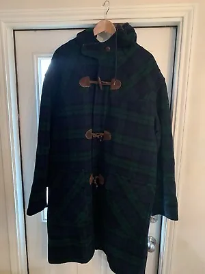 Vtg Mens Ll Bean Xl Tall Duffle Wool Navy Green Plaid Toggle Coat Hooded Jacket • $230