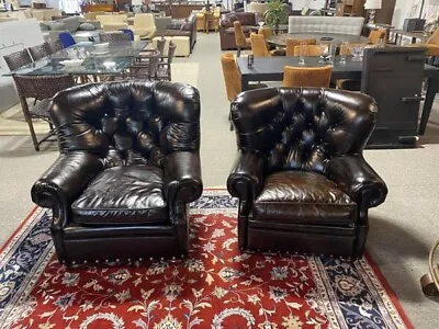 Pair Of Restoration Hardware His And Hers Leather Churchill Chairs  • $3150