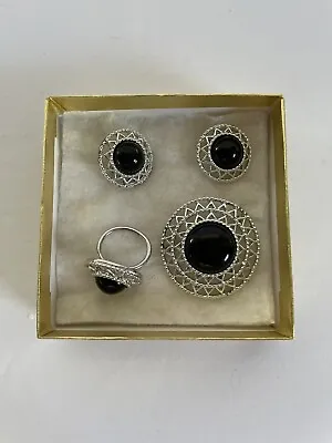 Vintage Sarah Coventry Jet Set Black Onyx Filigree Brooch Earrings Ring Set • $24