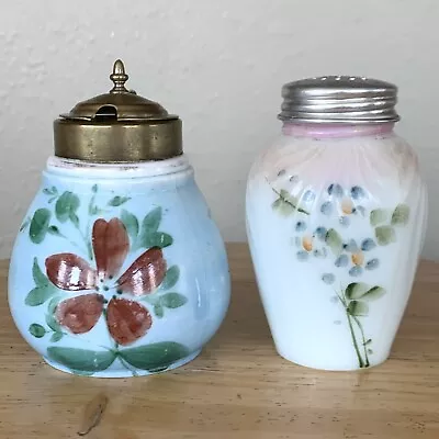 Antique Hand Painted Milk Glass Mustard Condiment Jar& Muffineer Shaker Cottage • $28