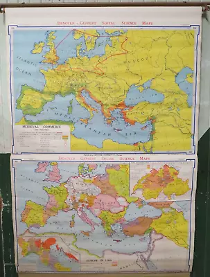 Vintage Denoyer-Geppert Pull Down School Map H-8 Medieval Commerce Europe 1360 • $199