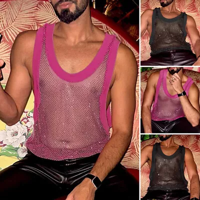 UK Mens Round Neck Sleeveless Tops Vest Sheer See Through Tee Shirts Blouse Plus • £9.99