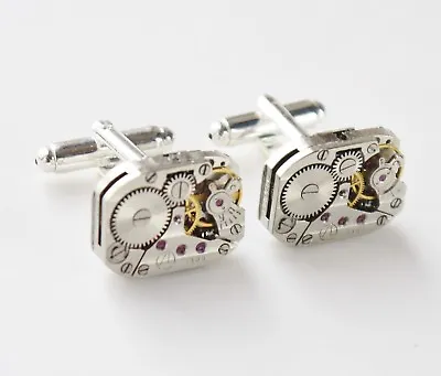 Oblong Striped Vintage Watch Mechanism Cufflinks 20mm Silver  • £20