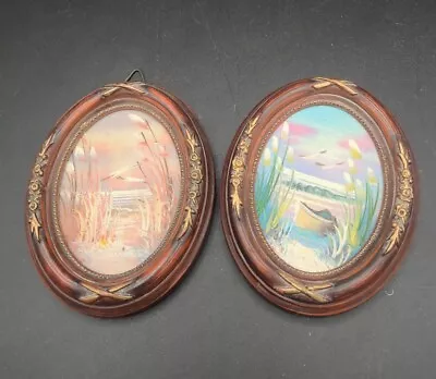 Vintage Mini Painted Beach Ocean Pictures Wood Frames Wall Hangs Set Of 2 • $13