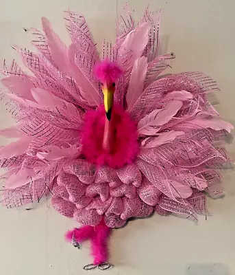 Bright Pink Flamingo Wreath Made W/ Deco Mesh Feathers Boa & Plastic Head Neck • $25