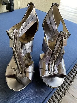 Michael Kors Berkley T Strap 4  Silver Metallic Heels Zipper Size 6 Shoes • $5