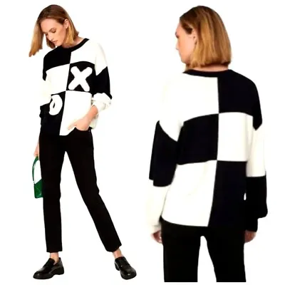 Staud Black And White Crew Neck Wool Blend Tic Tac Toe Sweater Size XS • $106.24