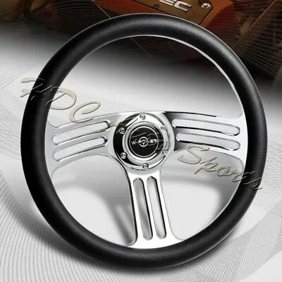 W-Power 350MM 14  BLK Leather Grip 6-Hole Chrome 3-Spoke Vintage Steering Wheel • $85.99