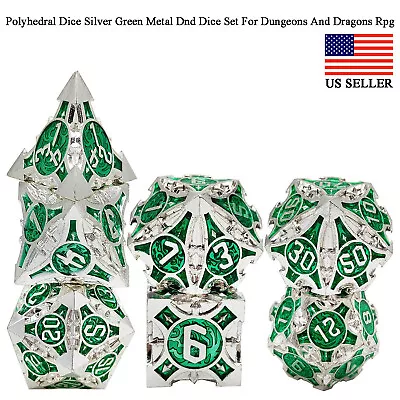 Polyhedral Dice Silver Green Metal Dnd Dice Set For Dungeons And Dragons Rpg • $18.39