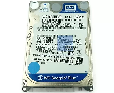 HDD 160GB 2.5  5400RPM SATA Western Digital WD Blue WD1600BEVS Laptop Hard Drive • $9.95