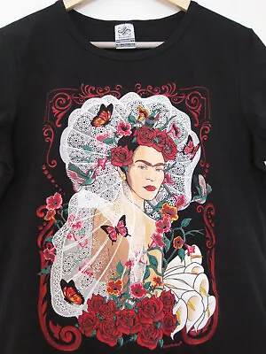 FRIDA KAHLO KARANI ART T-shirt Graphic Tee Black Red Glitter Women's Size XL • $25