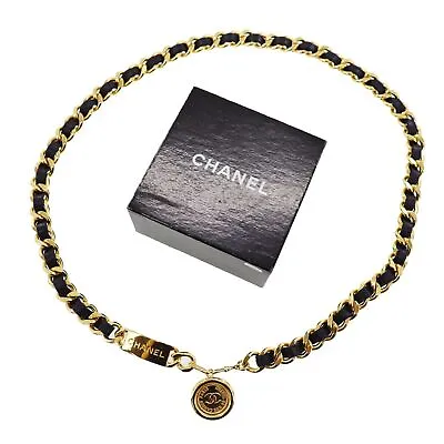 CHANEL CC Logos Used Chain Waist Belt Gold Navy Leather Vintage #BT761 S • $1800.40