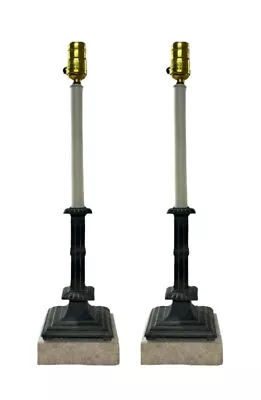 Vintage Pair Neoclassical Candlestick Column Buffet Lamps Travertine Stone Base • $249.95