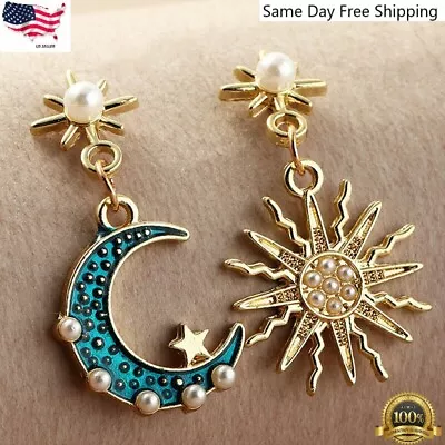 $3.99 • Buy 925 Silver Plated Sun Moon Star Dangle Drop Earrings Women Jewelry Simulated