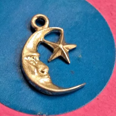 Sterling Silver Vintage Bracelet Charm   V67   Moon With Star • $5