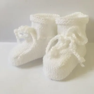 Baby Booties Hand Knitted WHITE Newborn Or 0 - 3 Months Traditional Style Unisex • £4