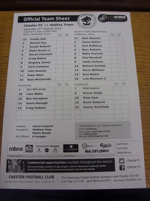 £3.99 • Buy 23/08/2014 Teamsheet: Chester V FC Halifax Town (Folded). Bobfrankandelvis The S