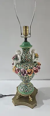 Vintage Capodimonte Porcelain Cherub Floral Brass Fish Table Lamp - Part Of Set • $95